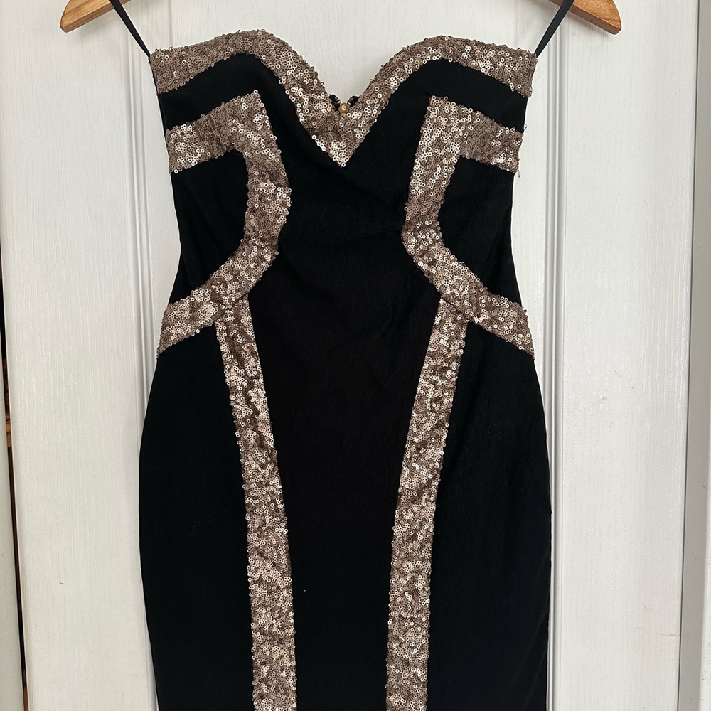 Arden B Black and Gold Strapless Mini Dress